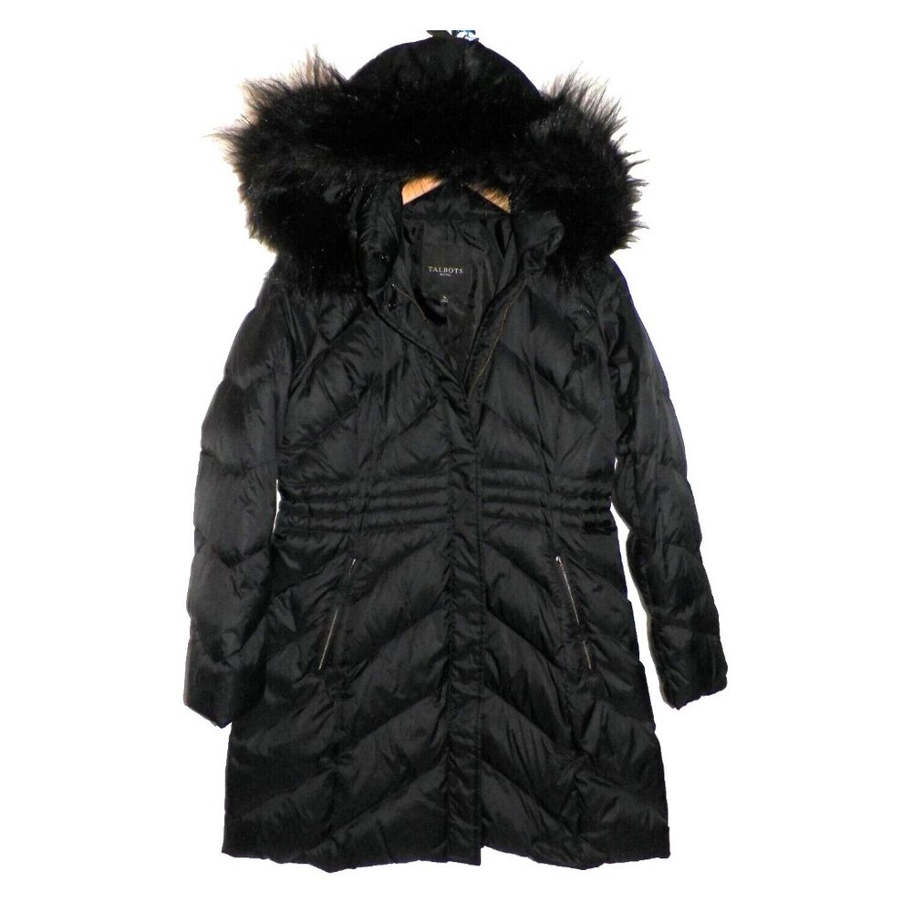 Women's S Talbots Petite  Down Puffer Coat Parka Adj Waist Hood Black